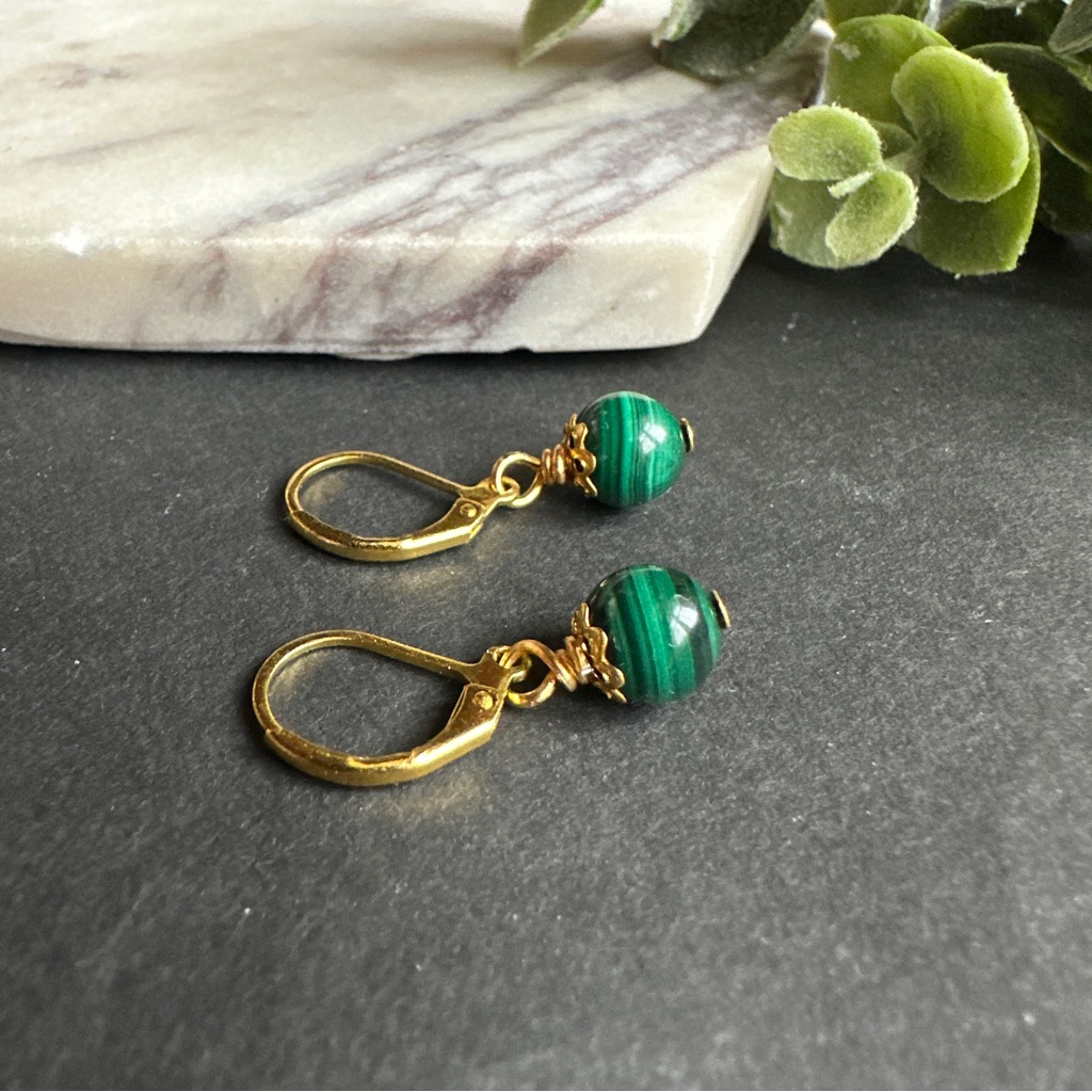 Malachite Earrings Dangle/Drop Green Stone Lever Back Crystal Earrings